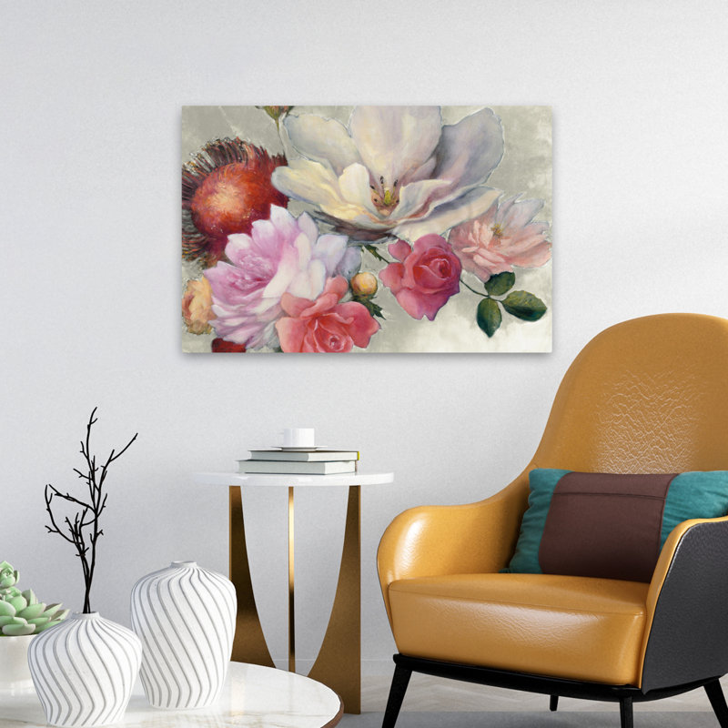 Flemish Fantasy On White - Blue Cream Florals Flowers Art, 16" H x 24" W