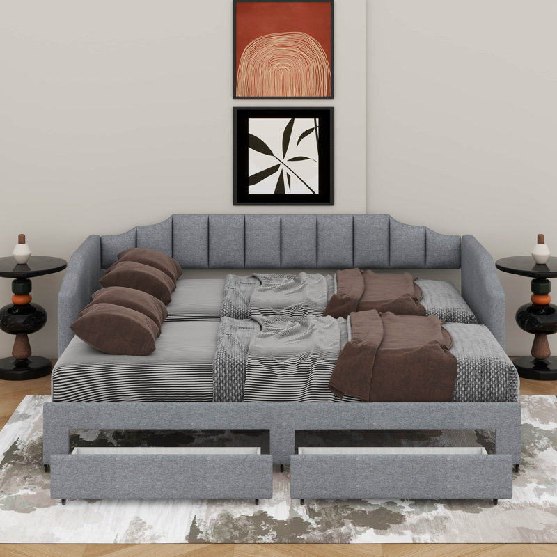 Twin XL To King Extendable Upholstered Daybed With 2 Storage Drawers And LED Light, Gray