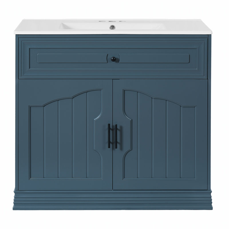 Meuble-lavabo de 36 pouces avec lavabo en céramique, panneau de fibres à densité moyenne durable et structure en bois massif, charnières à fermeture en douceur, tablettes réglables