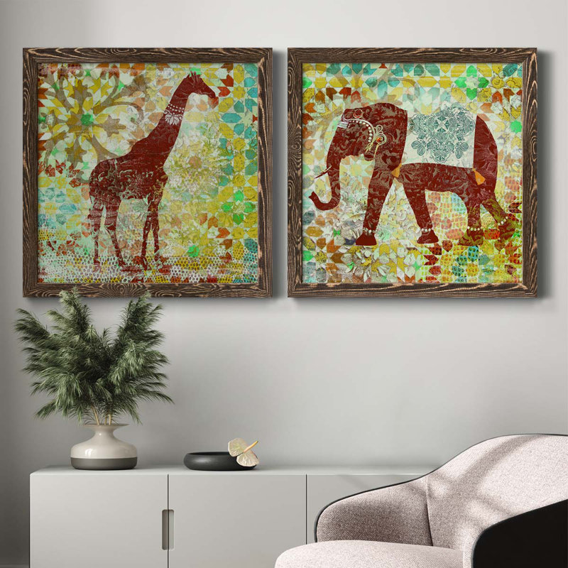 Bali girafe - ensemble de 2 peintures sur toiles, Toile avec cadre en noyer, H 31,5 po x l 63 po x P 1,5 po
