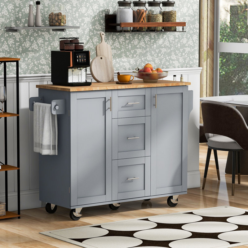 Rolling Kitchen Island With Storage, Kitchen Cart With Rubber Wood Top, 2 Slide-Out Shelf And Internal Storage Rack, Kitchen Island On Wheels, Kitchen Island