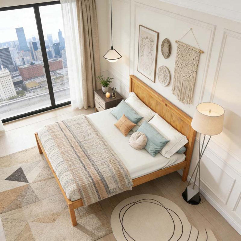 Base de lit plateforme avec tête de lit, support à lattes de bois, aucun sommier nécessaire, Chêne