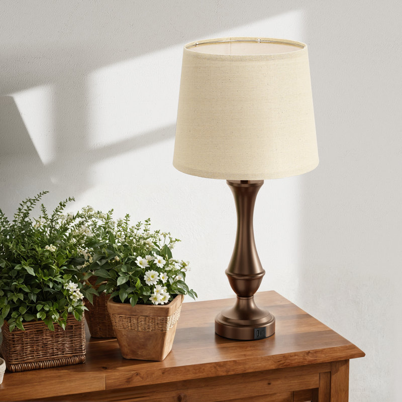 22'' Metal Table Lamp Set with 3-Way Touch control and USB Charging Station, Brown/Globe