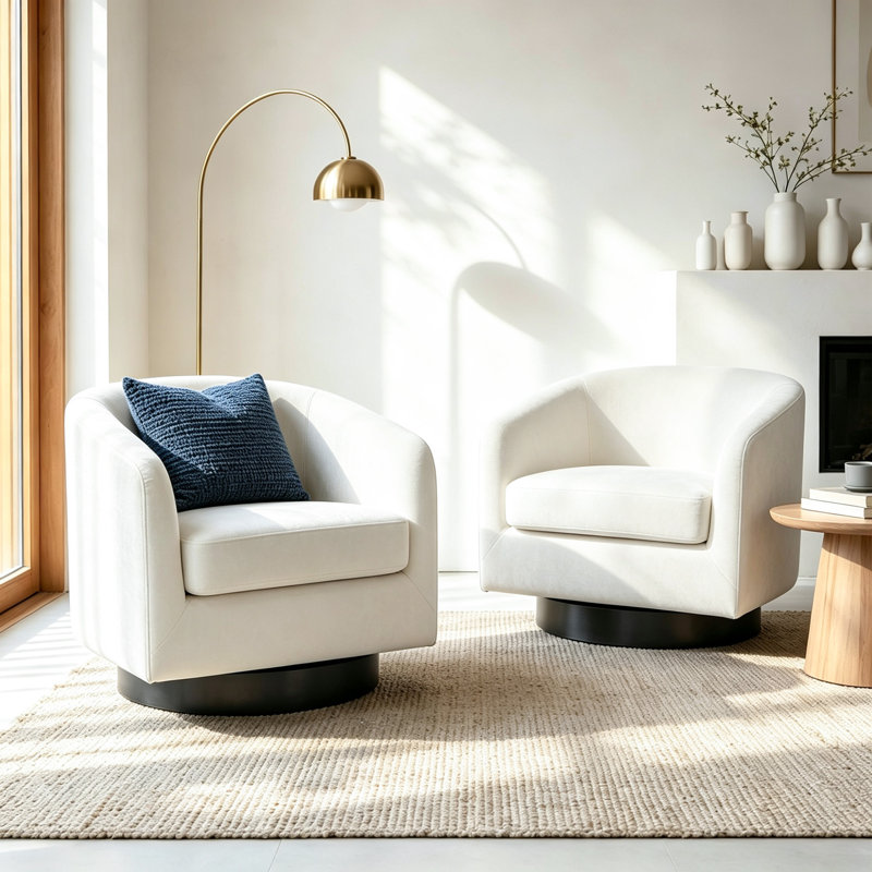 Eugenie Applewold Upholstered Ivory Velvet Swivel Barrel Chair with Solid Wood Base, Ivory