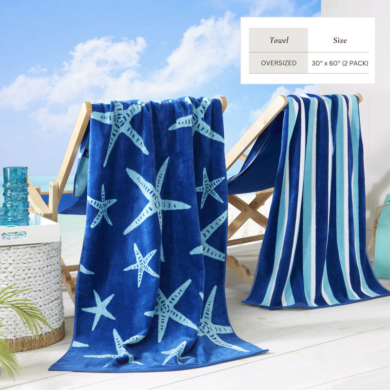 Serviettes de plage 100% jacquard 100% coton, Bleu marine / bleu royal étoile de mer et rayures