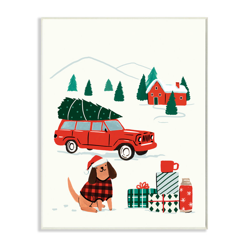 Voiture de Noël rétro, père Noël festif, chien, Plaque murale, H 15 po x l 10 po