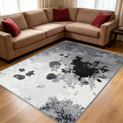 Tapis abstrait gris délavé à l'encre - facile à nettoyer, lavable à la machine, doux et confortable; convient aux tapis de porte, aux cuisines, aux salons, aux chambres à coucher, aux couloirs et aux buanderies. Tapis facile à nettoyer et durable pour la décoration intérieure.