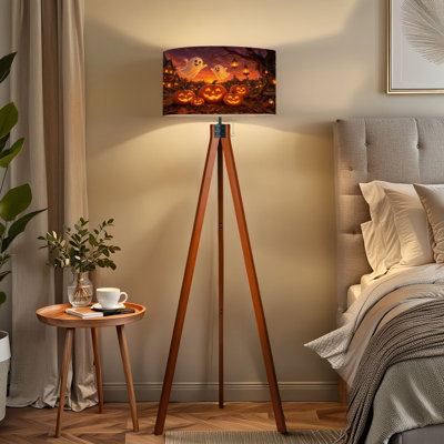 PeeNoke Tripod Standing Lamp  Halloween Pumpkin Lanterns Ghosts Festive Village Sunset Remote Controlled Dimmable LED Floor Lamp with Beech Wood Legs & Detachable Linen Shade for Farmhouse Apartment Living Room and Bedroom