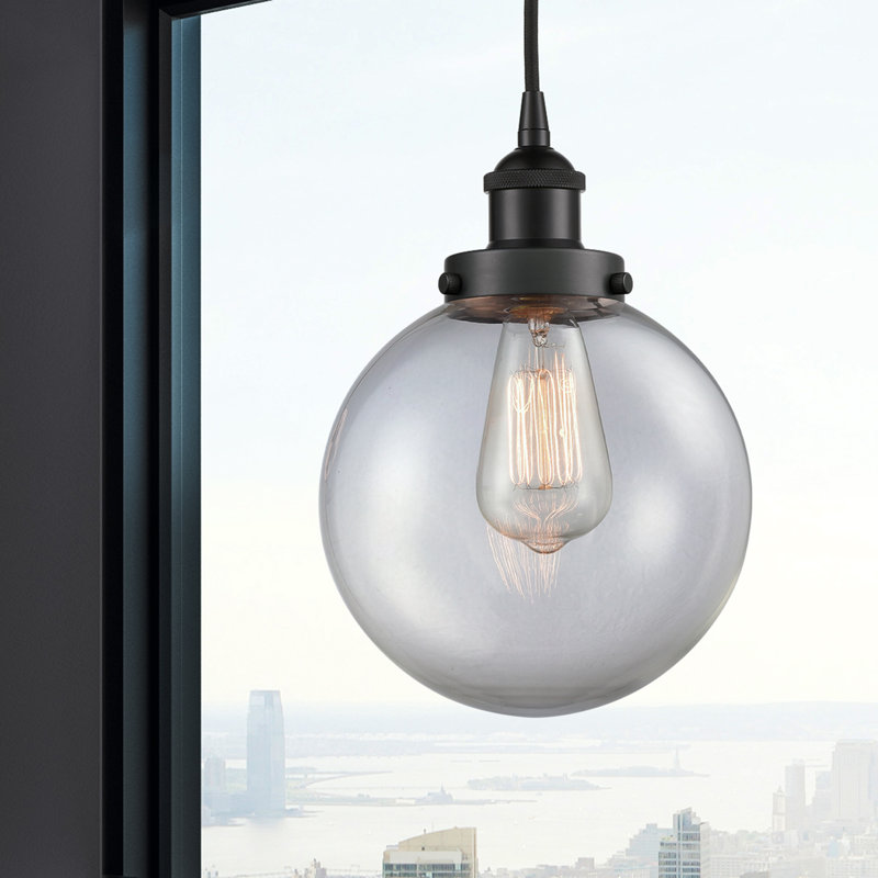Luminaire suspendu simple à 1 lumière Frederick, H 11,5 po x l 8 po x P 8 po, Transparent, Noir mat