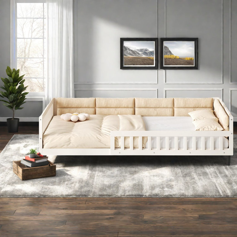 Lits en bois durable avec garde-corps rembourré, style moderne pour la maison