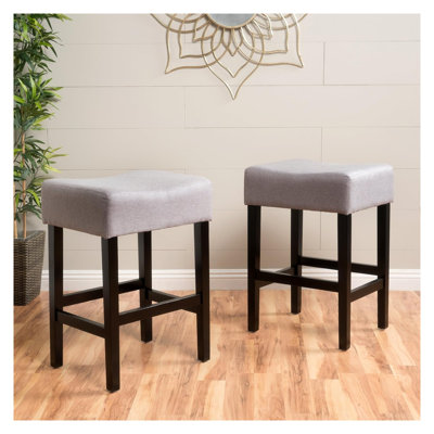 Ensemble de 2 tabourets à hauteur de comptoir sans dossier - Tabourets de bar rembourrés en tissu gris moderne avec pieds en bois massif pour îlot de cuisine et salle à manger