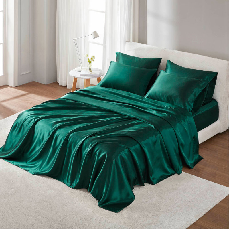 Ensemble de draps en satin de luxe, Couvre-lit double + 5 pièces supplémentaires, Émeraude