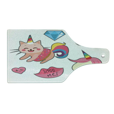 Ambesonne Unicorn Cat Tempered Glass Cutting Board Fantasy Pink Multicolor