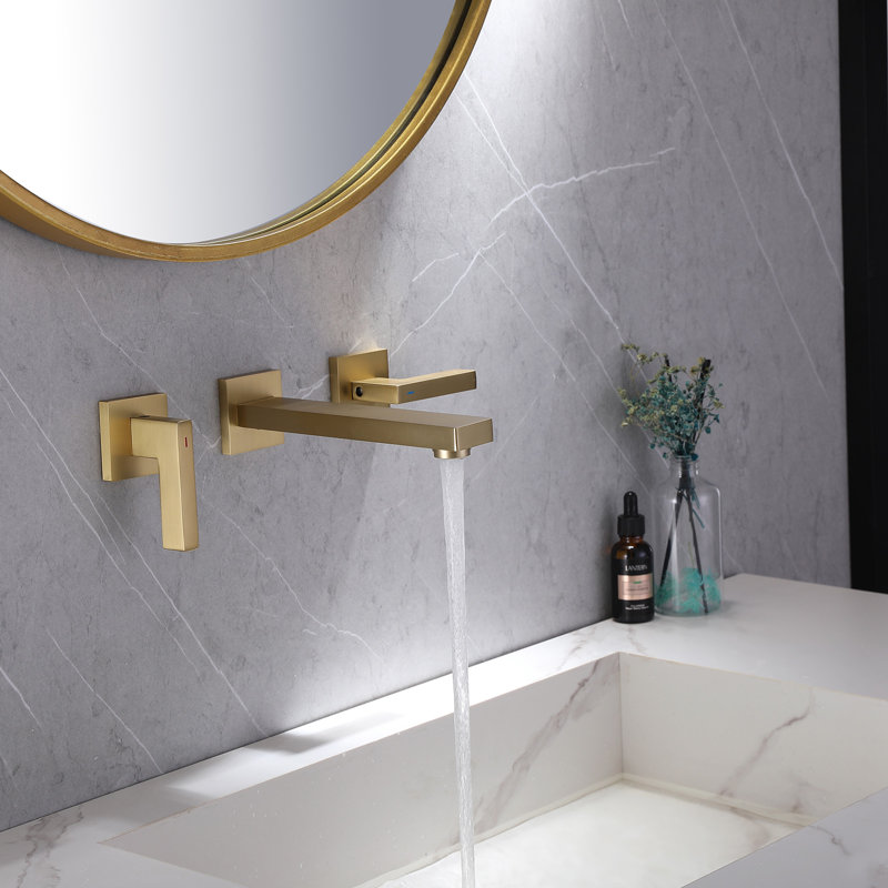 Square 2-Handle Wall Mount Roman Tub Faucet Bathtub Filler, Gold