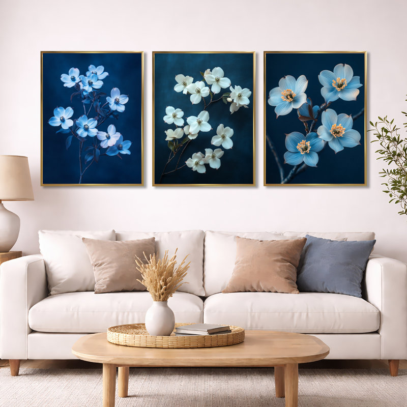 Décoration murale 3 pièces Moody Blossom Contrast - cornouiller, Cadre flottant doré, H 32 po x l 72 po