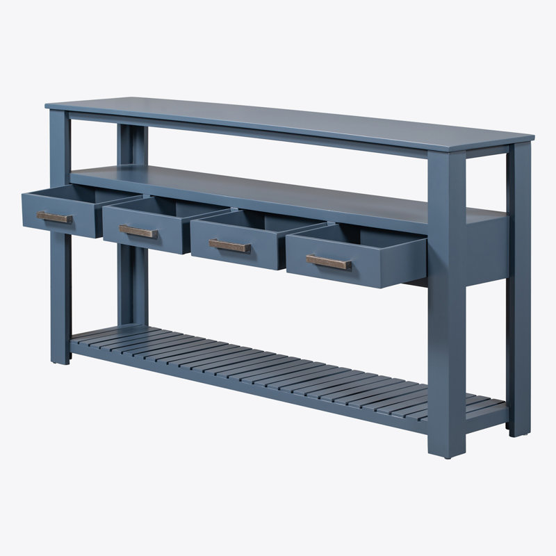 61.52'' Modern Console Table with 4 Drawers and Open Shelves, Navy Blue