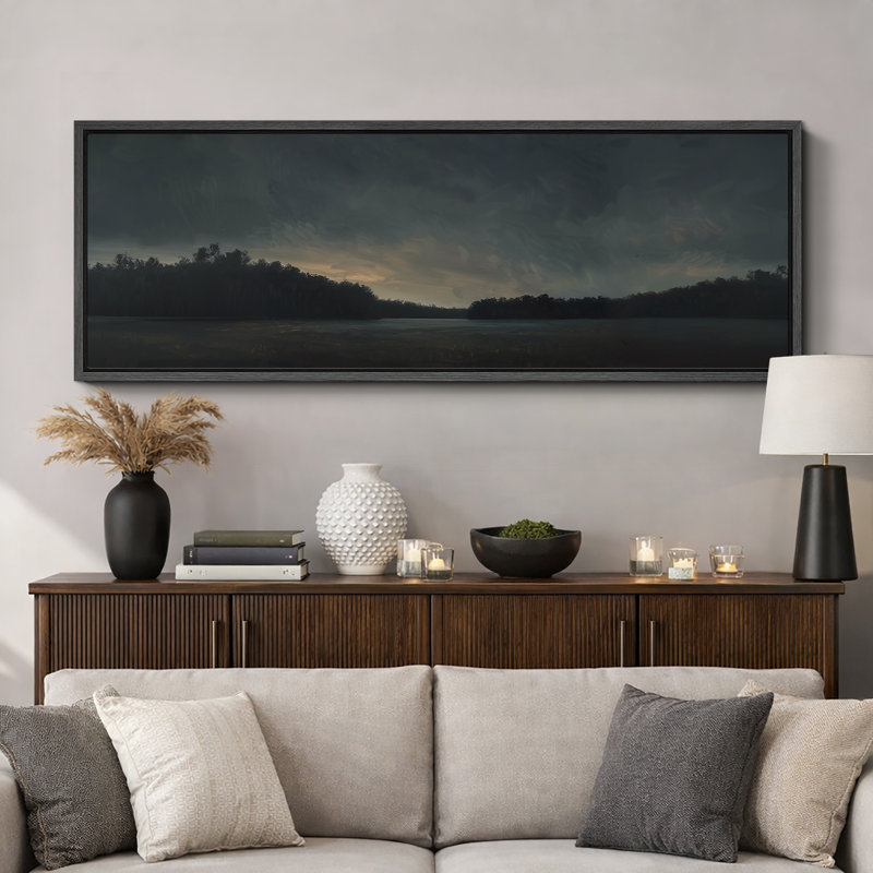 «Dark Moody Evening Landscape with Silhouetted Trees Extra Large», reproduction d'art sur toile encadrée, Cadre noir