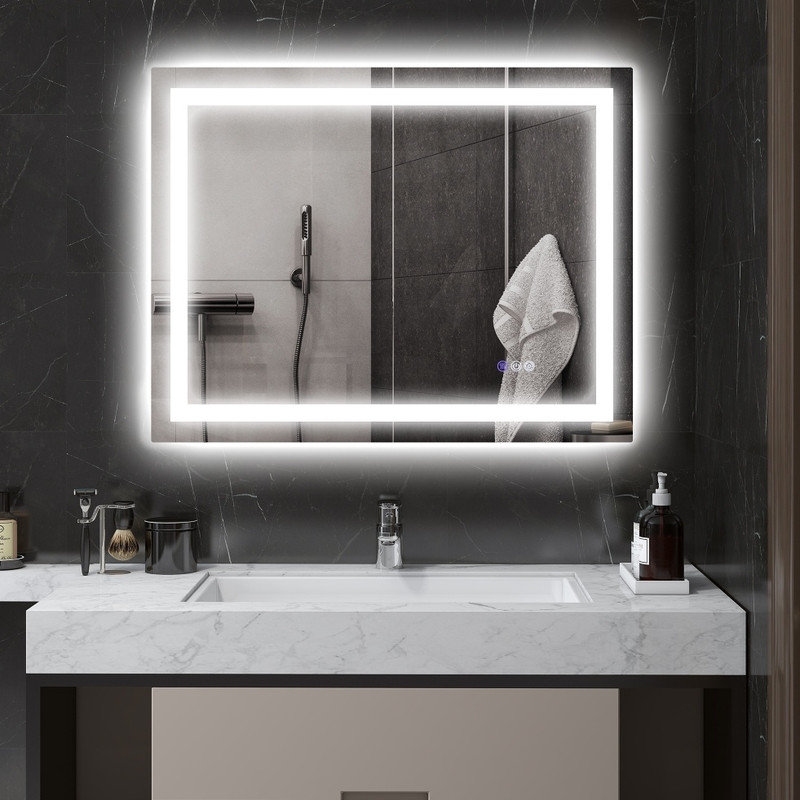 Miroir de salle de bain 35 po x 28 po à DEL - rétroéclairé et avant éclairé, anti-buée avec fonction de mémoire, température de couleur infinie, miroir de meuble-lavabo mural à intensité variable (horizontal / vertical)