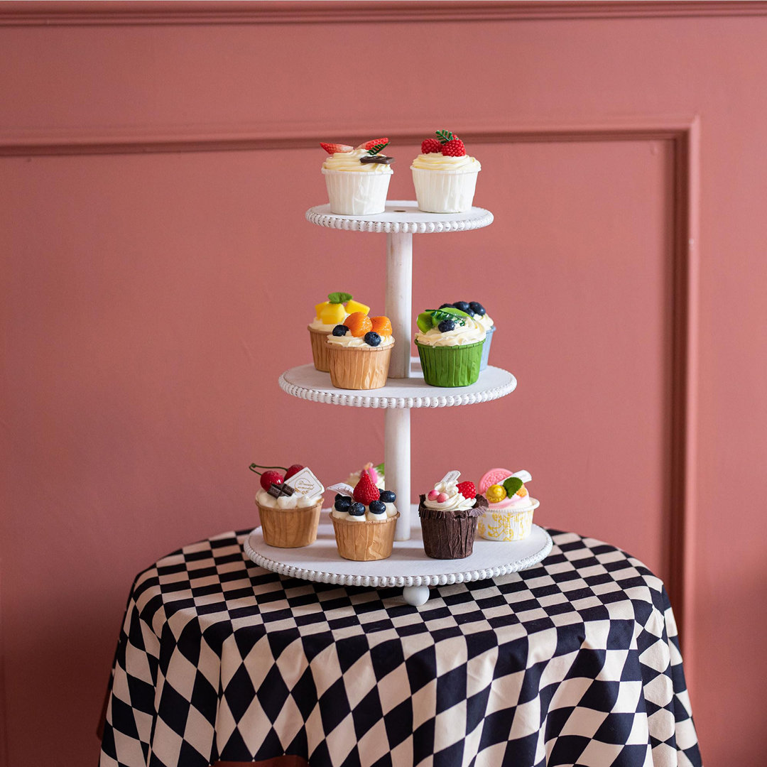 Rustic Wooden White 3 Tier Beaded Cupcake Stand Or Serving Tray Dessert Display Stand Winston Porter