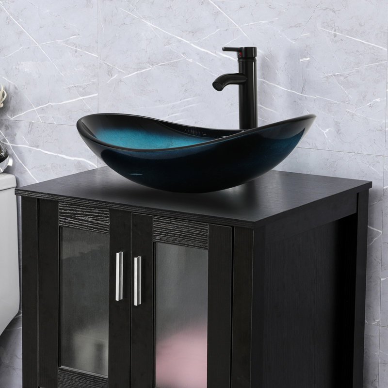 21" Stained Glass Bathroom Vessel Sink, Blue