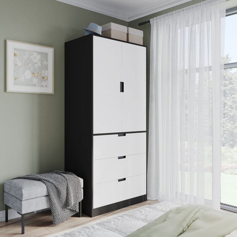 Stephy Solid Wood Wardrobe, Black/White