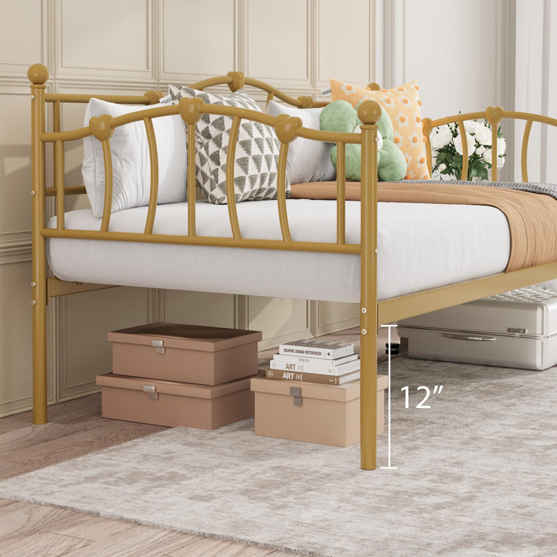 Twin Daybed with Trundle, Metal Frame Sofa Bed with Steel Slat Support, Love Heart Design, Gold