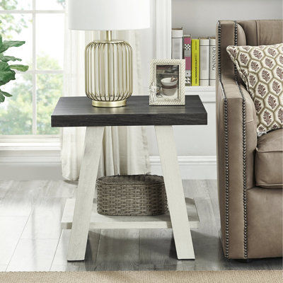 Table de bout contemporaine avec plateau rectangulaire et rangement en bois anthracite vieilli beige pour le salon