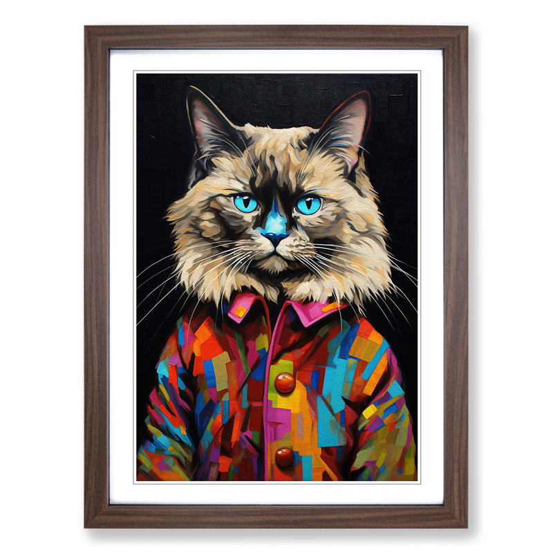 Ragdoll Cat Modern No.2 - Single Picture Frame Print on Wood, 64cm H x 46cm W x 2cm D, Walnut 