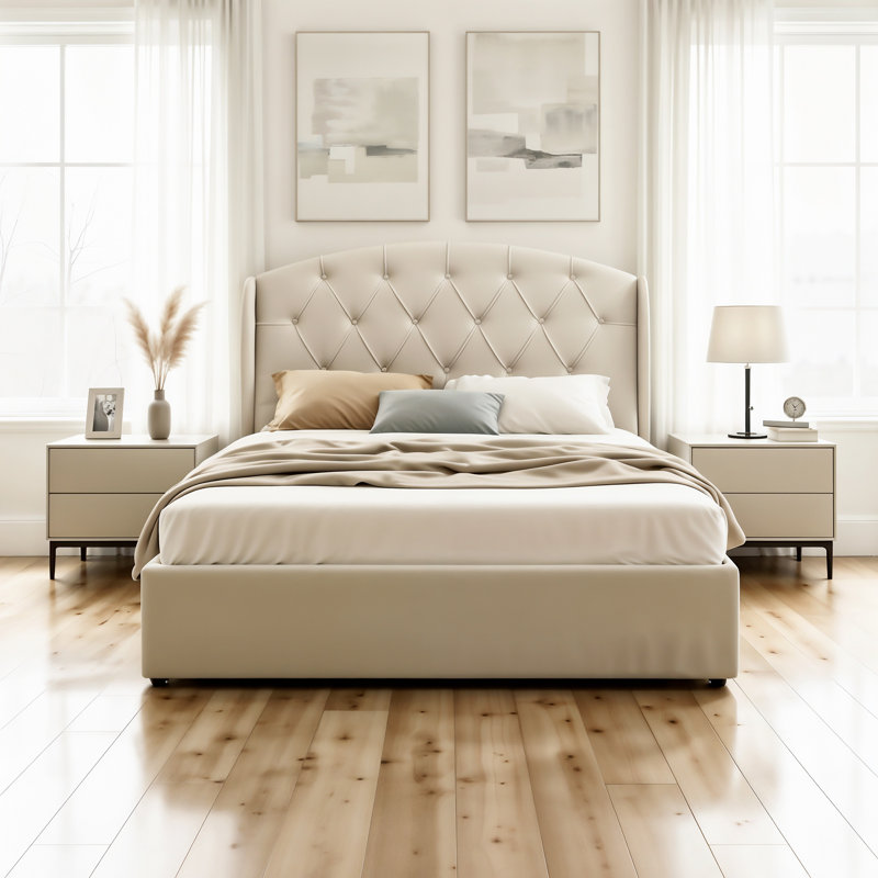 Bayson Upholstered Double (4'6) Bed, Diamond, Beige 