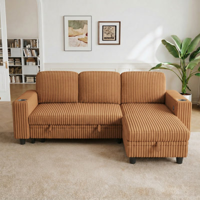 Sherry 81'' Upholstered L Shaped Modular Sectionals with Pull-out Sofa, Storage Chaise, USB Charging & Cup Holders