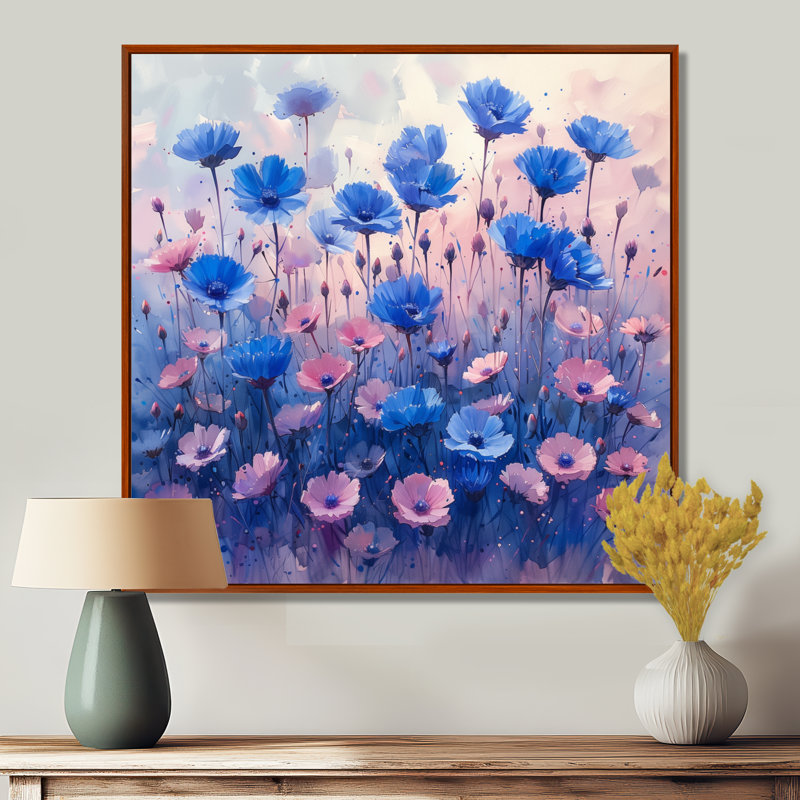 «Blue Blue Cornflowers Garden Of Dreams I» - impression d'art mural bleuets, Cadre flottant brun, H 16 po x l 16 po