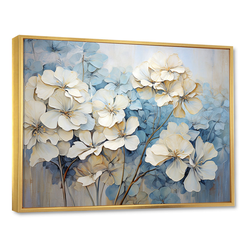 Minimalisme, géraniums blancs et bleus, H 12 po x l 20 po x P 1 po, Cadre flottant doré