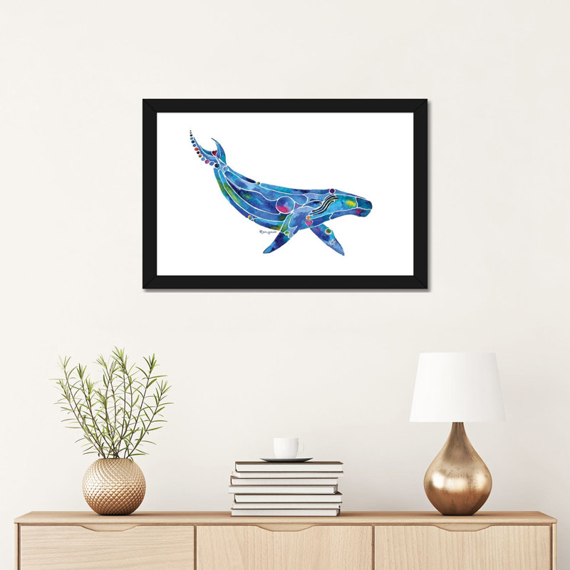 " Whale Humpback Ocean " by Jo Lynch, Black Framed Paper, 16" H x 24" W x 1" D, White