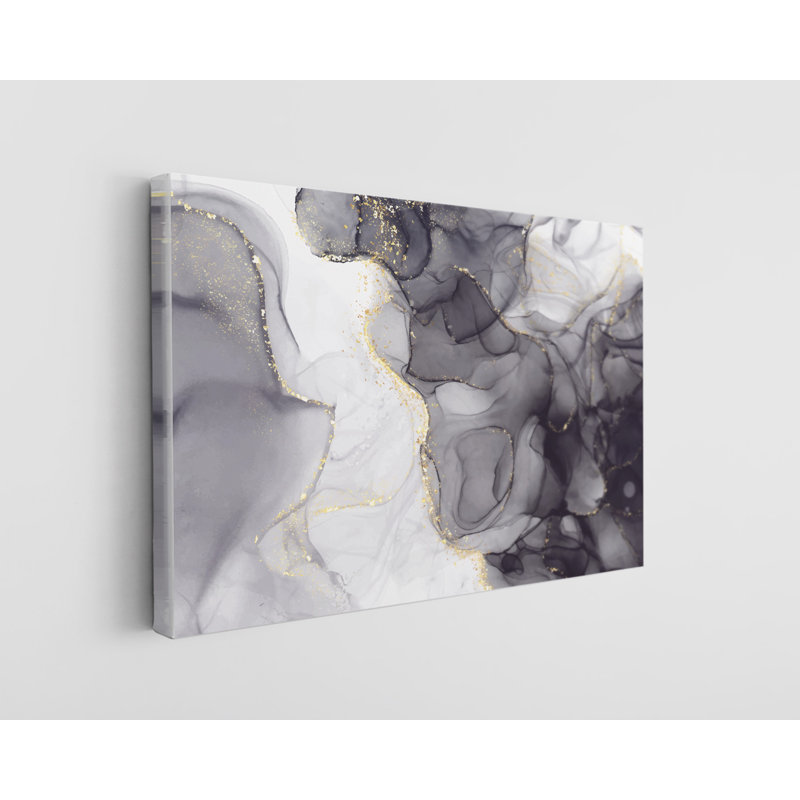 Art moderne sur toile marbré noir et blanc sur pierre, H 24 po x l 36 po x P 1 po