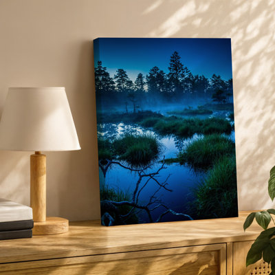 Canvas A Serene Twilight Swamp Scene Enveloped In Deep Blue Hues Wall Art Showcasing A Reflective Still Water Surface Interspersed Canvas Wall Art