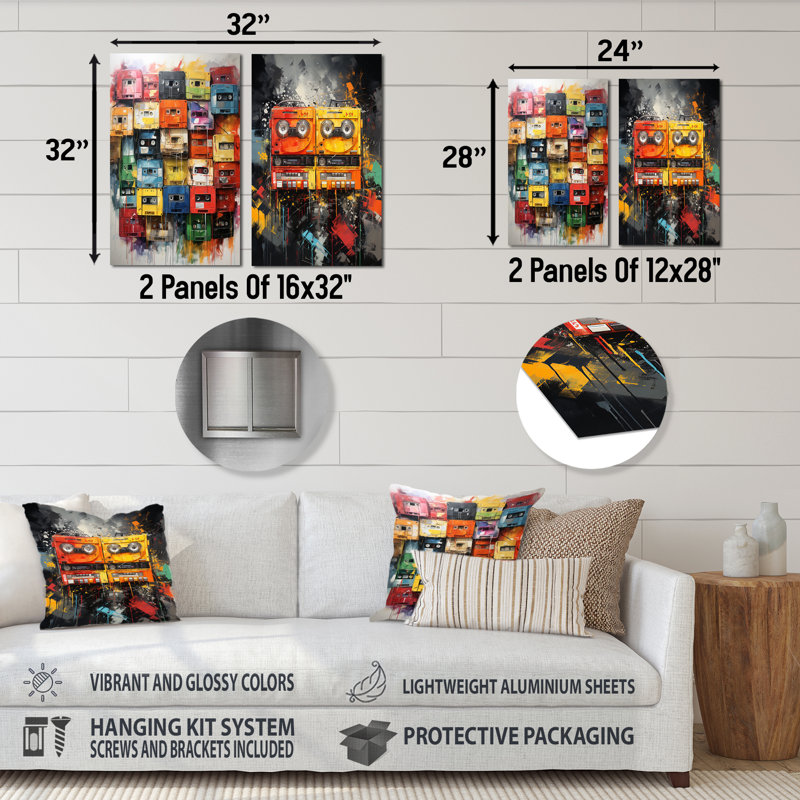 Pop Art Cassette Tapes Melody I - Cassette Tapes, impression d'art mural en métal, ensemble de 2, H 28 po x l 24 po