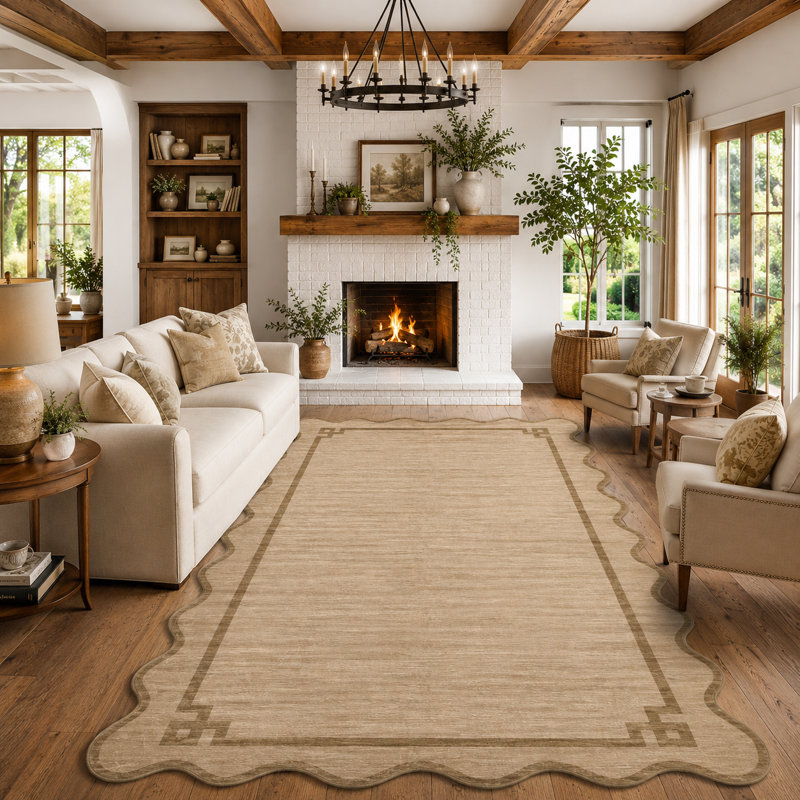 Tapis lavable Modern Border pour salon, chambre à coucher, couloir, Brun, 9 x 12 pi