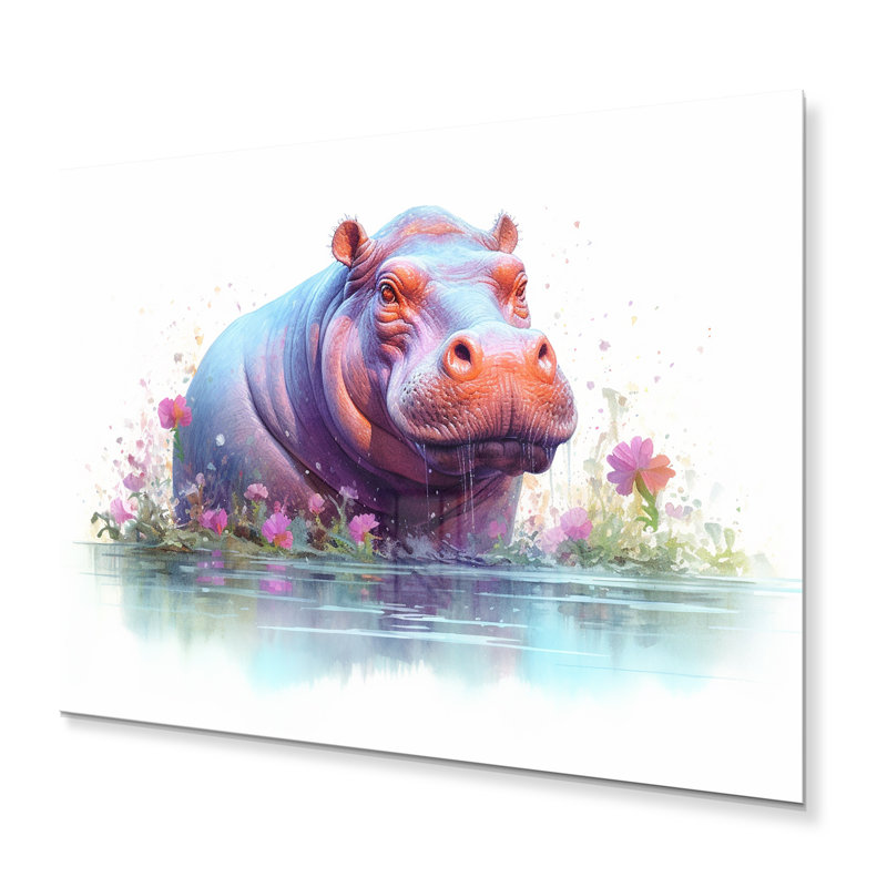 Hippopotame animé, art mural en métal, H 24 po x l 32 po x P 1 po