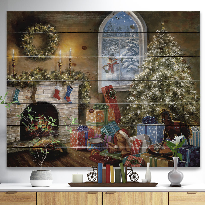 "veille de noël avec cadeaux par feu", H 15 po x l 20 po x P 1 po, Bois