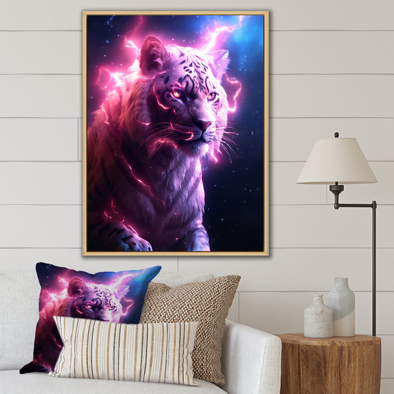 Tigre de rose éclairant sur toile, H 40 po x l 30 po x P 1,5 po, Cadre naturel flottant