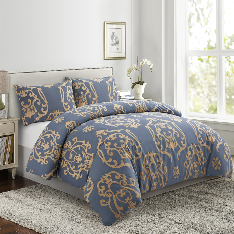 Full Navy Blue and Gold Damask Rayon Duvet Cover Set