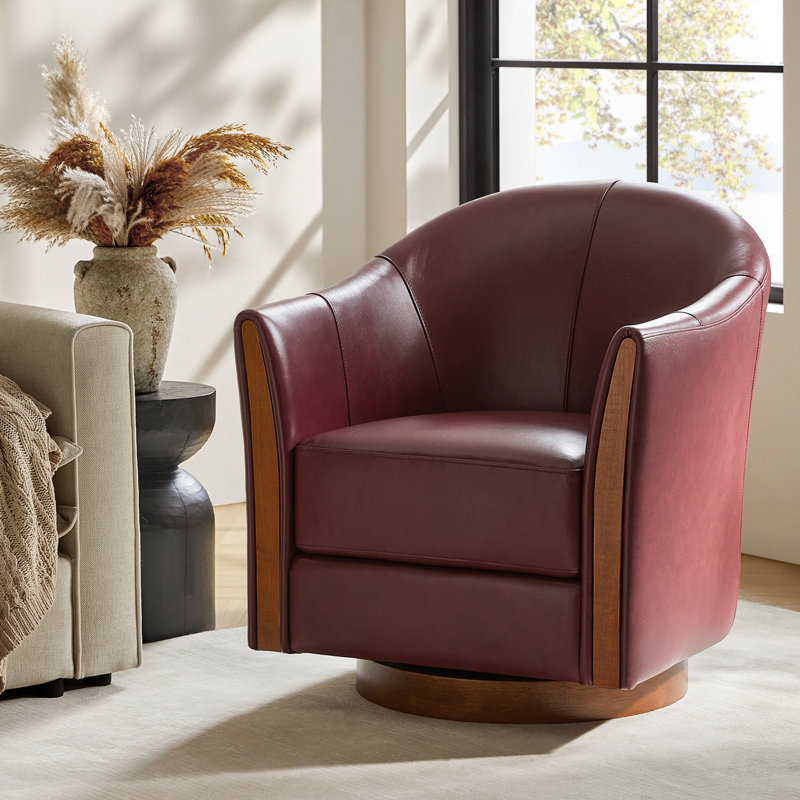 Pocono 29"W Transitional Genuine Leather Swivel Barrel Chair With Solid Wood Base, Burgundy