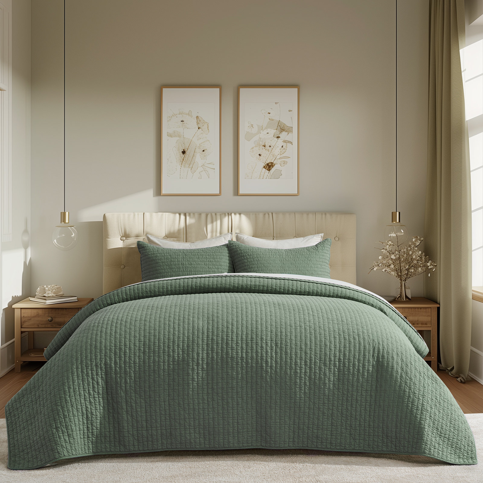 Cross Stitch Cotton Quilt set, King, Olive Green