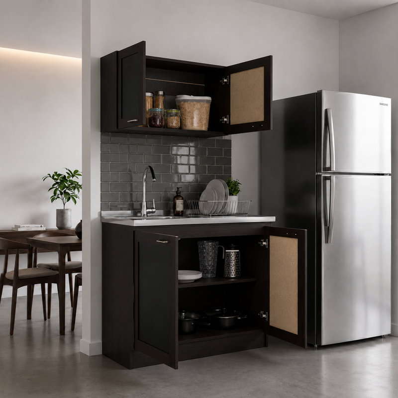 Ashura 39.3" W Manufactured Wood 2-Piece Kitchen Cabinet Set with Sink Base and Wall Cabinet- Wenge, Wenge and Black