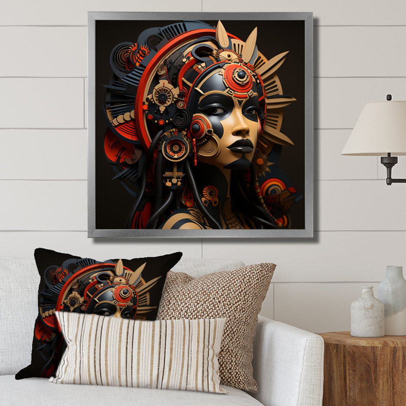 Masque africain doré et rouge - Art mural africain, H 30 po x l 30 po x P 1,5 po, Toile tendue
