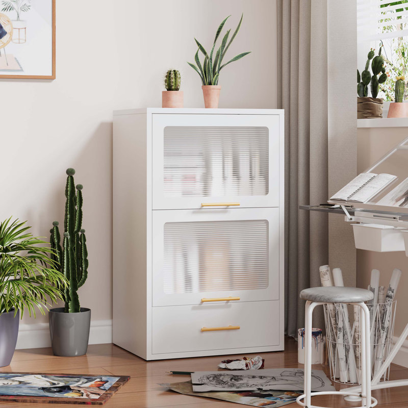 Durable Metal Display Storage Cabinet with Flip-up Acrylic Doors and 1 Drawer, Ideal for Organized Living Spaces, White