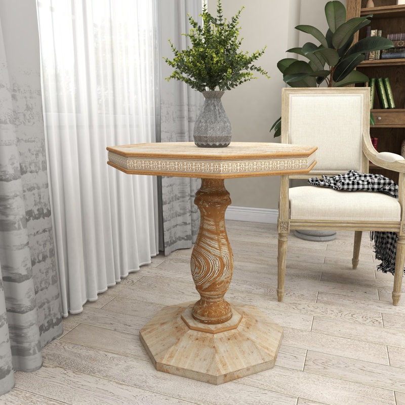 Brown Wood Handmade Intricately Carved Floral Accent Table