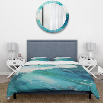 Ocean Teal Wave Expression I - Coastal Duvet Cover Set - Microfiber Polyester