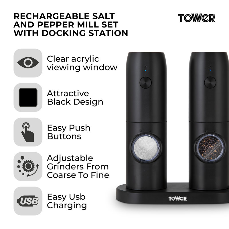 Tower Rechargeable Salt And Pepper Mill, Black