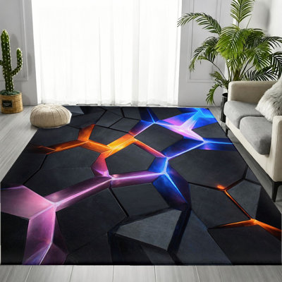 Tapis à motif de prisme géométrique moderne, éclatant, orange, bleu, mauve, craquelé, motif de volcans Fiery, tapis antidérapant doux, durable et lavable à la machine, décoration intérieure élégante pour le salon, la chambre à coucher, la salle de jeux, le bureau, l’appartement